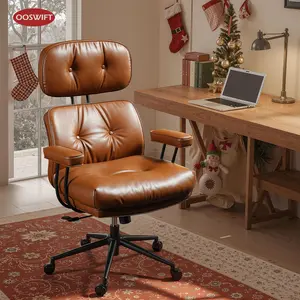 【Spring Limited-Time Sale】OOSWIFT Ergonomic Home Office Chair, Mid-Century Modern Faux Leather Chairs with Thickened Cushions, Comfy High Back Swivel Rolling Executive Computer Armchair