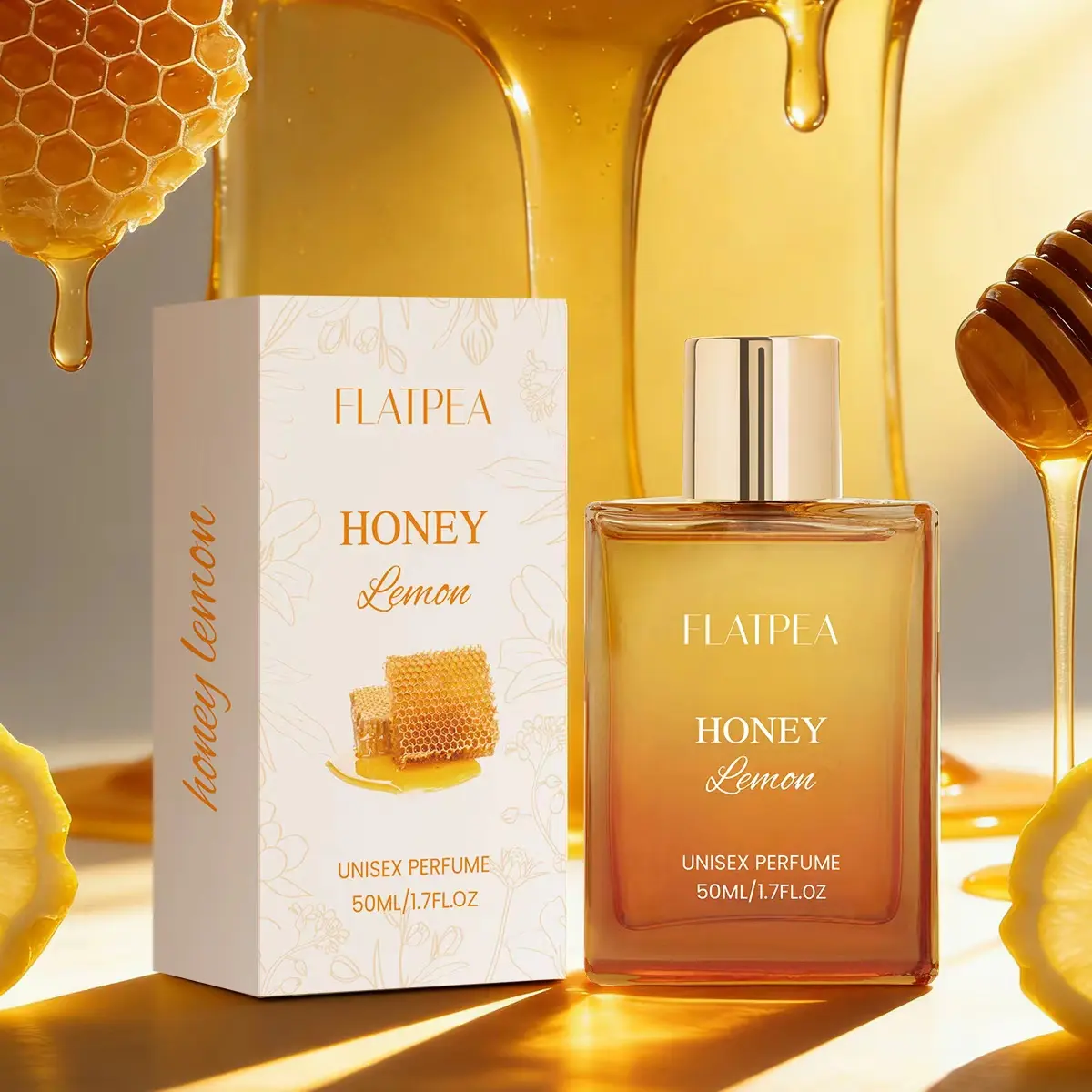 FLATPEA Honey Oud Perfume, 50ml (1.7fl oz) Vegan Unisex Fragrance with Honey Lemon, Patchouli, Vanilla, Bergamot - Floral & Spicy, Clean Essential Oils, Cruelty-Free, Super Brand Day Exclusive