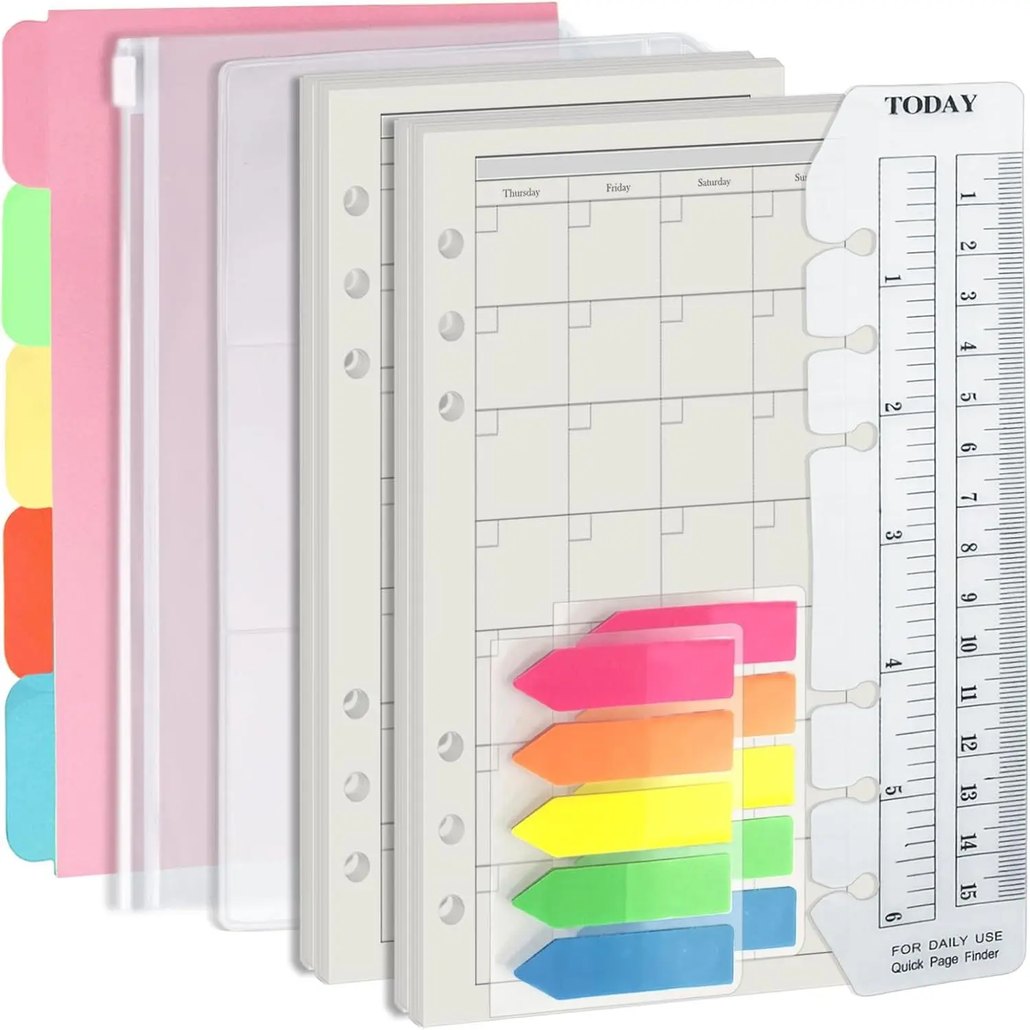 A6 6-Hole Durable & Smooth Binder Refill Value Set for Planner Users, 90-Sheet Monthly Planner Inserts, 5-Sheet Divider Papers, Inch-Unit Today Ruler, Translucent Zipper Bag, PVC Card Bag, 200-Count Colorful Index Stickers, Writing Blank Paper Set, Binder