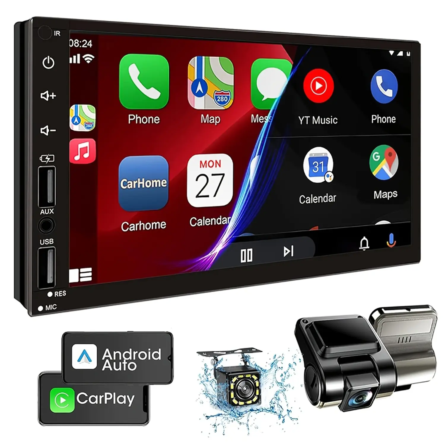 7inch HD Touchscreen Car Audio Receivers Double Din Radio with Carplay, Android Auto, Bluetooth, FM/2 USB/AUX/Subwoofer/SWC Double Din Car Stereo with Backup Camera & Dash Cam