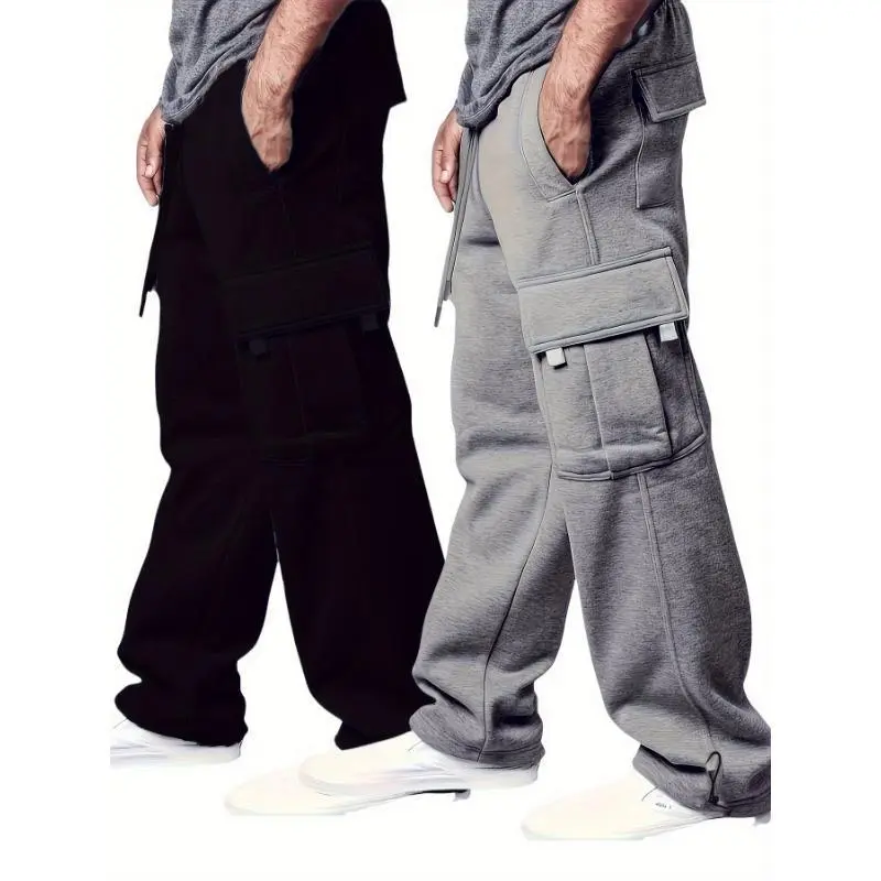 2pcs, Men's Solid Loose Fit Cargo Pants With Multiple Flap Pockets, Casual And Classic Sweatpants For Sports Outdoors Activities, Winter & Fall Holiday gifts Ideal Gift for Fabric Menswear Polyester Stretch Trouser Beige