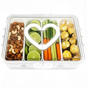 Portable Divided Snack Serving Tray with Lid and Handle Travel Snackle Box Charcuterie Container Storage Organizer for Candy Fruits Snacks Sauces & More