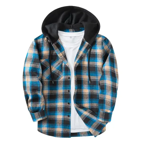 ZITY Menswear Collared Classic Plaid Flannel Hooded Shirt - Long Sleeve, Medium Length, Casual Loose Fit, Drop Shoulder Hoodie, Button Down, Spring Polyester/Rayon Blend, Reinforced Pocket Layering Top, Heavyweight Cotton, Streetwear Vibe Outfit Piece