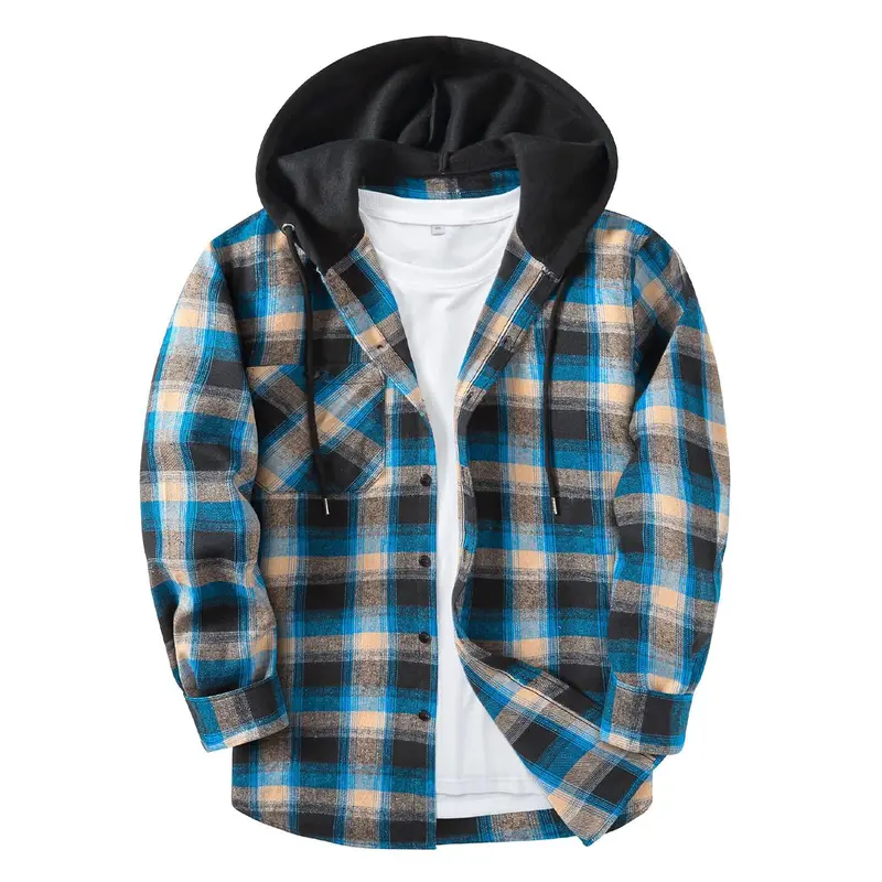 ZITY Menswear Collared Classic Plaid Flannel Hooded Shirt - Long Sleeve, Medium Length, Casual Loose Fit, Drop Shoulder Hoodie, Button Down, Spring Polyester/Rayon Blend, Reinforced Pocket Layering Top, Heavyweight Cotton, Streetwear Vibe Outfit Piece