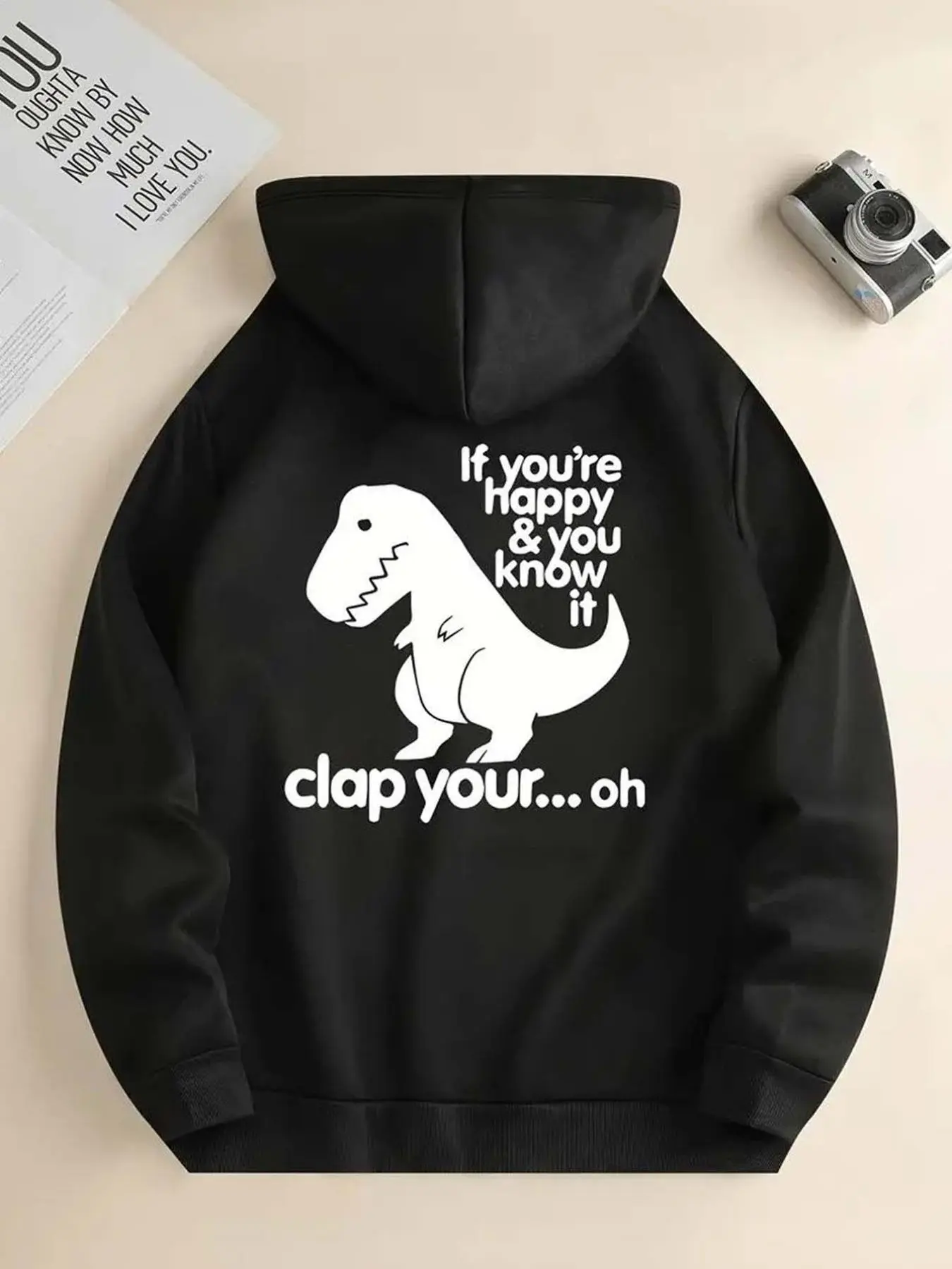 Men's Dinosaur & Letter Print Drop Shoulder Hoodie, Fashion Casual Regular Fit Drawstring Pocket Hooded Sweatshirt for Daily Holiday Outdoor Wear, Men Clothes for Fall & Winter
