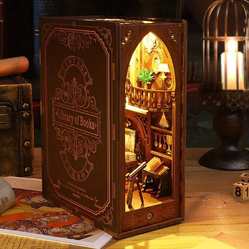 Vintage Library DIY Book Nook Kit 3D Wooden Bookend with Fairy Lights