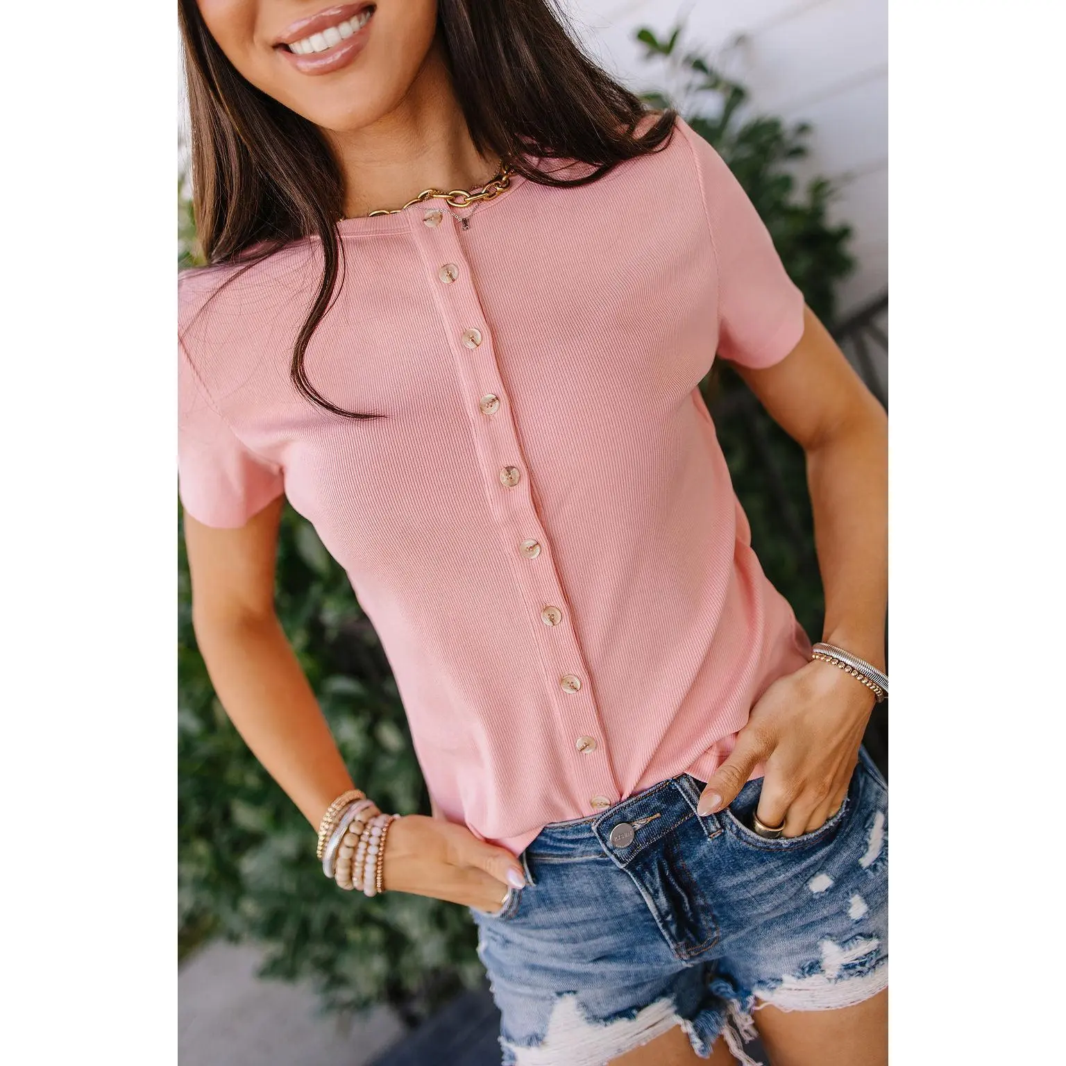 Button Front Lulu Tee - Pink Lemonade | Womenswear T-Shirt Stretchy Ribbed Casual | Pastel Pink | Plus Size