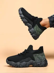 Men's Fashionable Patchwork Lace Up Low Top Sneakers, Casual Breathable Comfortable Sports Running Shoes, Male All-match Round Toe Shoes for Daily Wear, Knitted Running Shoes