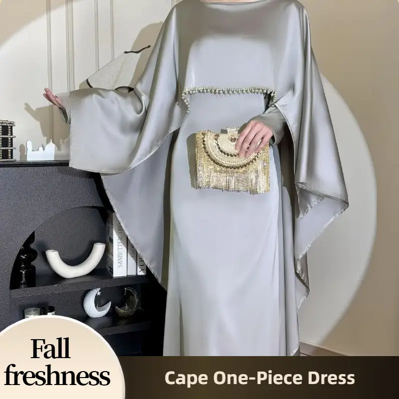 【FallFreshness】CL43 Satin cape elegant Muslim dress, Modest Party Open Butterfly Pearl rhinestone Abayas, For Evening Party/Wedding Guest/Anniversary,