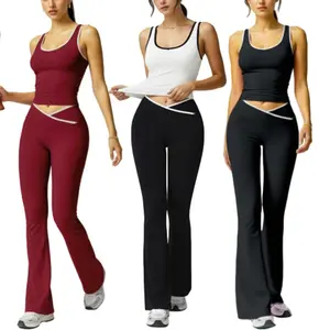 2-Piece Set Women's Fitness High-Waisted Yoga Outfit Colorblock Design Flared Pants & Tank Top Casual Breathable Sportswear