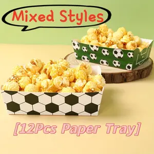 12Pcs Football Soccer Disposable Snack Trays Popcorn Boxes White Green Soccer Pattern For Tournament Game Day, Sports Watch Party Supplies, Birthday Christmas New Year Valentine Holiday Decor