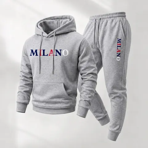 Men's 2-Piece Hoodie & Sweatpants Set - Minimalist MILANO Letter Print Loose Casual Athleisure, 100% Polyester Breathable Activewear, Athletic Tracksuit with Drawstring for Gym & Indoor-Outdoor Fall Wear
