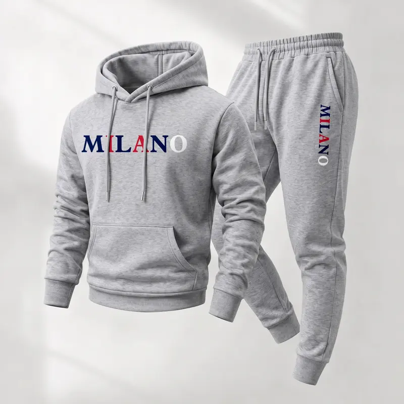 Men's 2-Piece Hoodie & Sweatpants Set - Minimalist MILANO Letter Print Loose Casual Athleisure, 100% Polyester Breathable Activewear, Athletic Tracksuit with Drawstring for Gym & Indoor-Outdoor Fall Wear