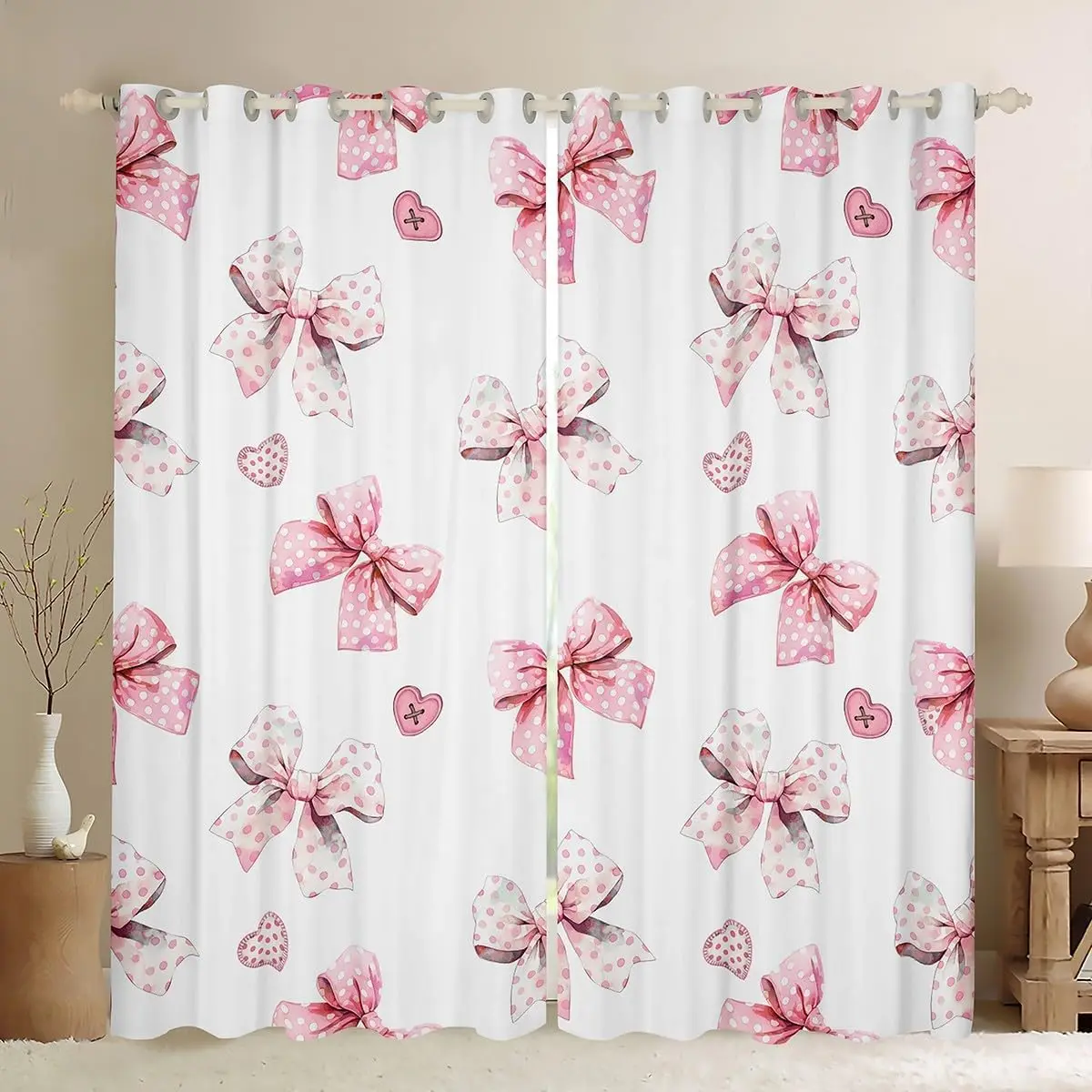 Bow Room Darkening Blackout Curtain Pink Bow Curtains for Bedroom Living Room Cute Bowknot Blackout Curtains (2 Panels) Kawaii Bow Window Treatments