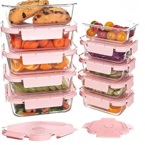 10 Pack Glass Meal Prep Containers , Glass Food Storage Containers with Snap Locking Lids Airtight Built in Air Vents, Glass Containers for Lunch, Microwave/Dishwasher Safe, Pink