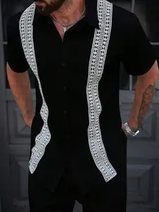 Shirts men - Men Contrast Geometric Pattern Summer Shirt — Lightweight, Stylish for Daily Wear funny shirt deals for today dad gifts outfits men men clothing vacation outfits fall outfits y2k clothing button shirt work men's clothing Menswear Top Gamis