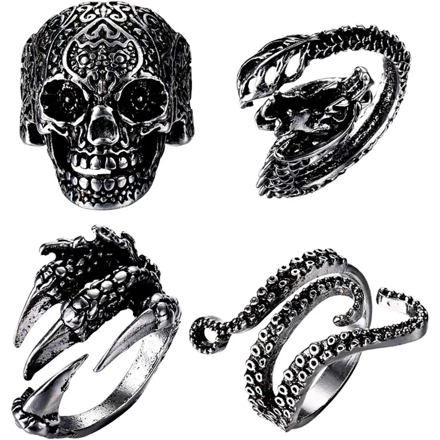 FLORIDECO 4-Pcs Gothic Vintage Punk Ring Set, Adjustable Unisex Synthetic Coloured Gemstone Jewelry with Octopus Dragon Snake Skull Designs for Men and Women, Floridecco, Synthetic/Simulated Coloured Gemstone, Daily, Default, No
