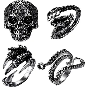 FLORIDECO 4-Piece Unisex Gothic Style Vintage Punk Ring Set, Adjustable Octopus Dragon Snake Skull Artificial Gemstone Jewelry for Men and Women, Adjustable Size, Gemstone Set