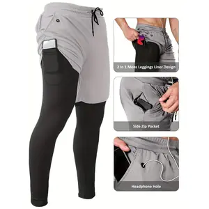 Men's 2-in-1 Workout Shorts With Pocket, Active High Stretch Compression Pants With Shorts For Fitness