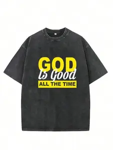 Men's Christian Faith "God is Good All The Time" - Soft Washed Cotton Short Sleeve,  Bold White & Yellow Lettering,  Casual Round Neck,  All - Season Comfort Fit,  Christian Apparel for Church The best Valentine's Day gift