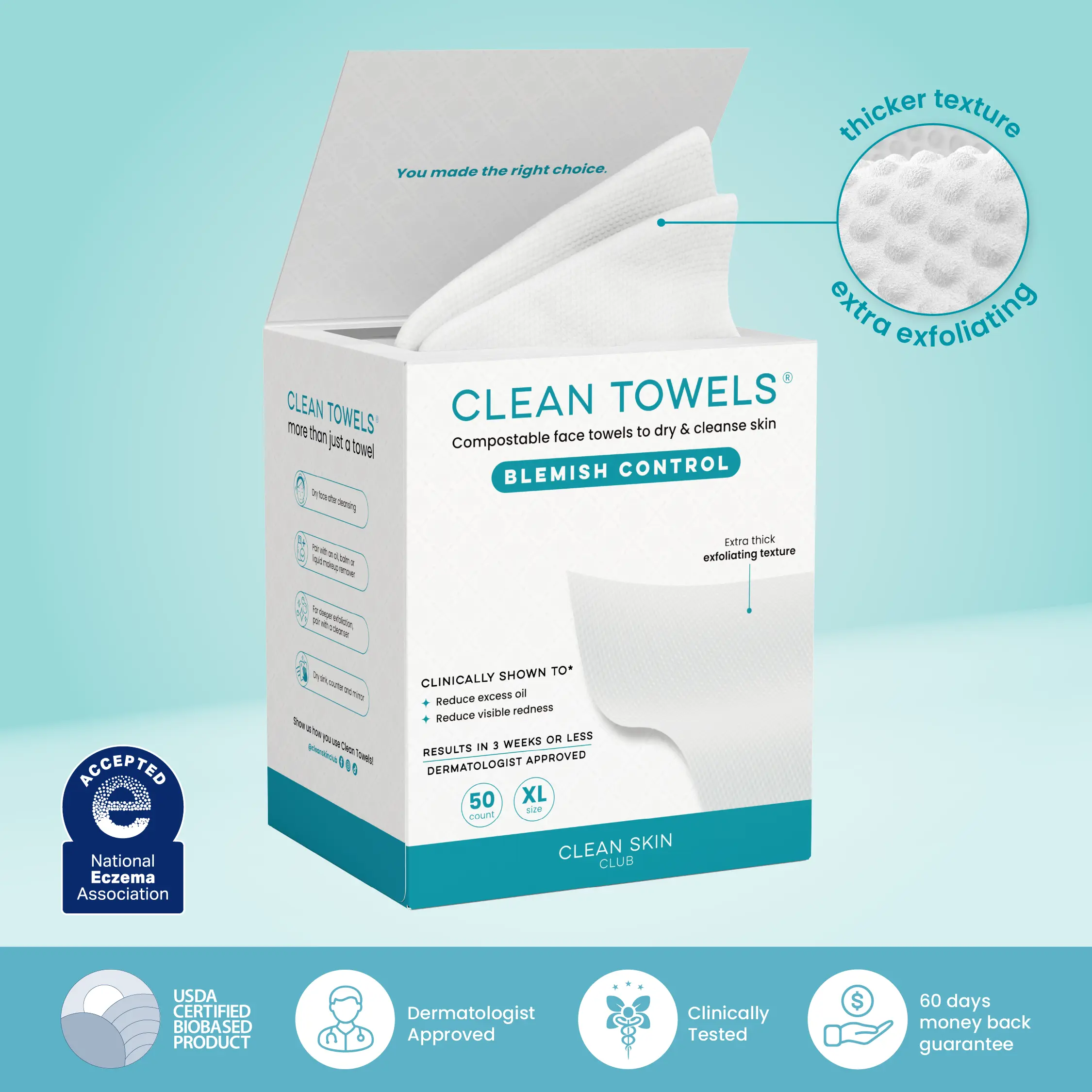 Clean Skin Club Blemish Control Clean Towels® XL, Compostable Face Towels, Light Exfoliation for Oily Skin, Eczema Association Accepted Disposable Face Towelette, Makeup Remover Dry Wipes, 50 count
