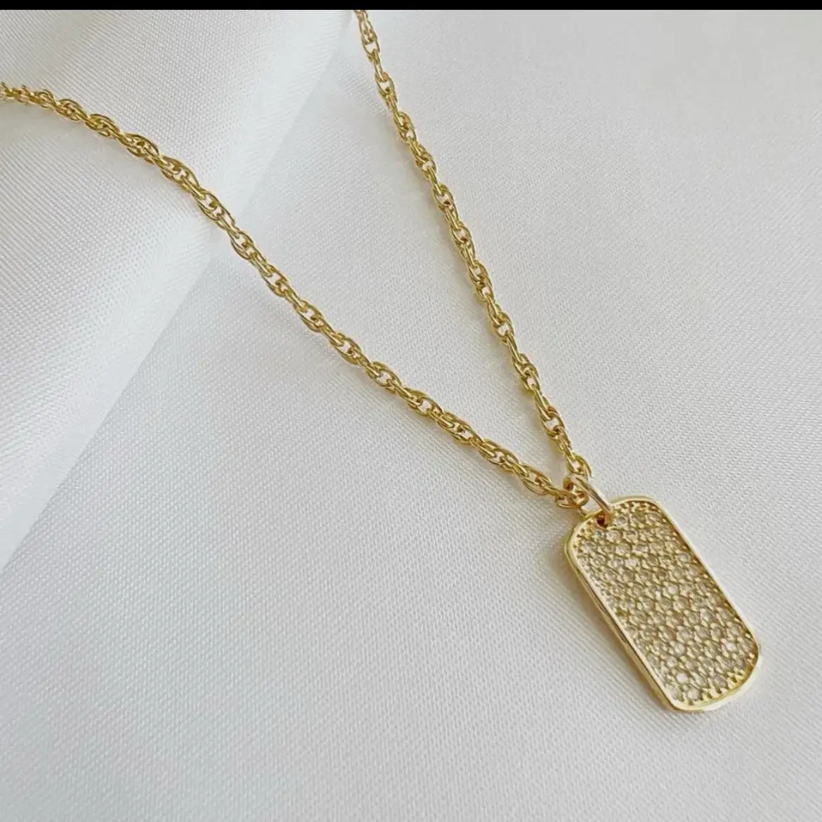 Pave CZ Dog Tag Pendant Necklace, Gold Filled, Handmade