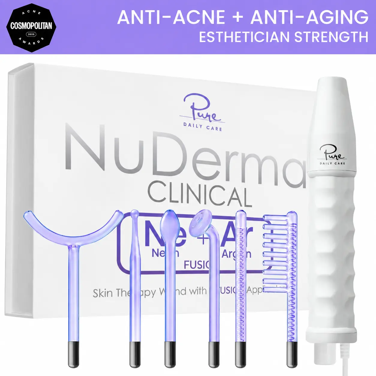 NuDerma Clinical High Frequency Wand with Fusion Neon-Argon Applicators Anti-Aging Anti-Acne by Pure Daily Care Facial Beauty Instrument Facial Beauty Machine Facial Care Tool