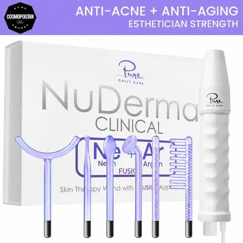 NuDerma Clinical High Frequency Wand with Fusion Neon-Argon Applicators Anti-Aging Anti-Acne by Pure Daily Care  Facial Beauty Instrument Facial Beauty Machine Facial Care Tool