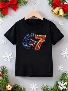 Six Seven pattern Boys' Casual Sports Short Sleeve Shirt, Cool Graphic Tee, Polyester Fabric, Youth Clean Clothing, Trendy Sportswear, Perfect Christmas Gift Choice