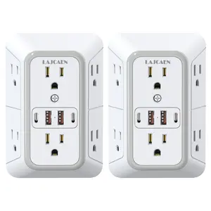 2-Pack Surge Protection Wall Charger, 6-Outlet Extender with 4 USB Ports (2 USB-C), Multi-Functional Plug for Home Office Kitchen Travel, Universal Socket, USB Power Outlet
