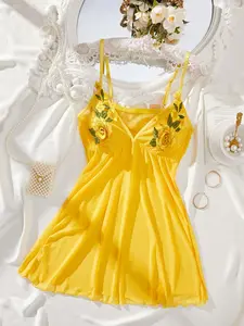 Women's Floral Embroidery V Neck Tulle Cami Nightdress, Sexy Fashion Adjustable Spaghetti Strap Backless Vneck Nightgown for Women, Women's Sleepwear for Summer, Split Backless Nightdress