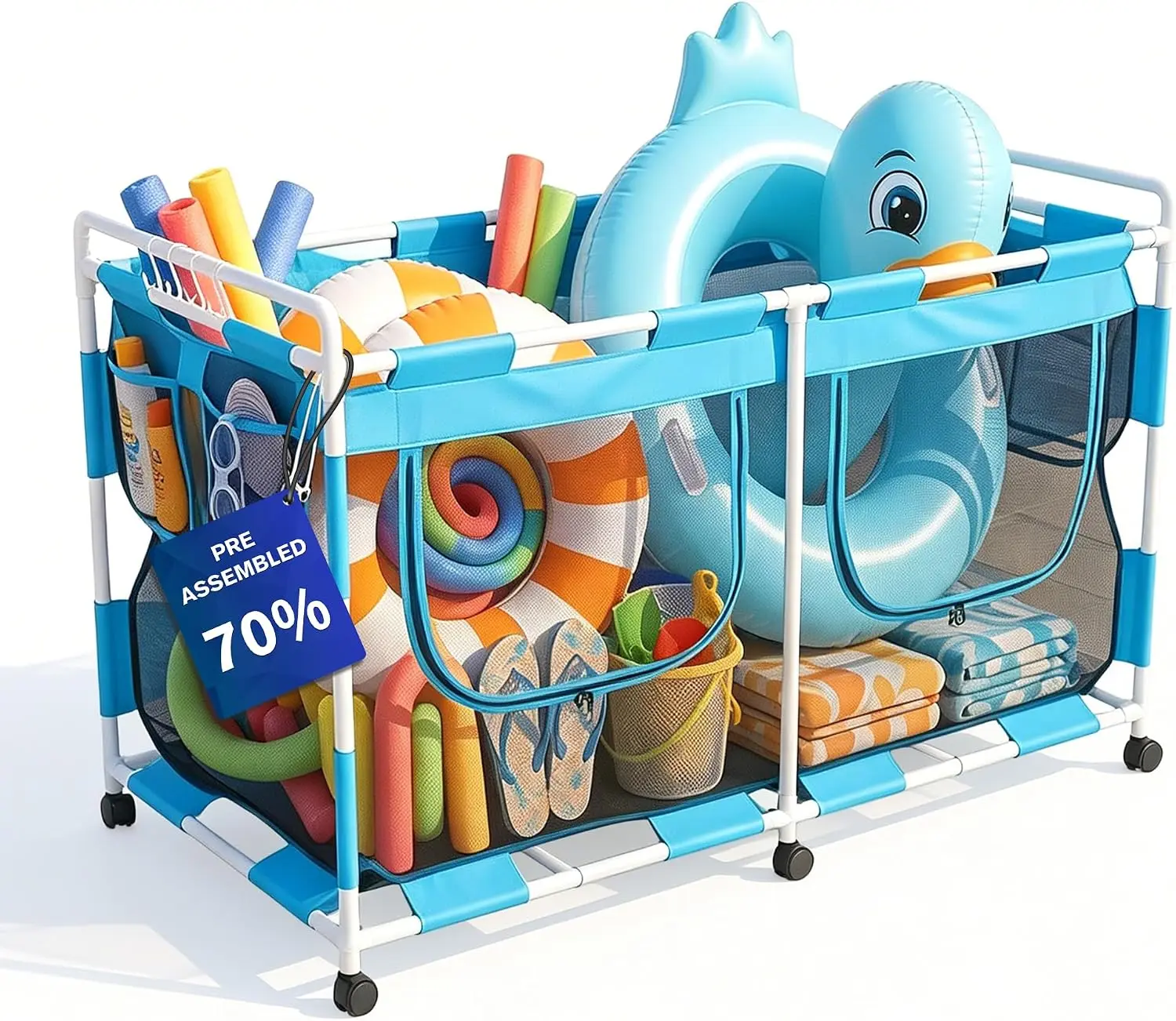 Pool Float Storage Organizer 288 Gallon Pool Storage Bin - Pre Assembly 70%, Mesh Rolling Cart with Ample Space for Noodles,Water Sports Gear & Towels Outdoor Poolside & Lawn (62"x32"x35")