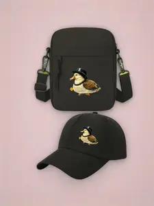 2pcs Duck in Costume - Elegant Black Hat and Beaded Necklace Print, Unisex Baseball Cap & Crossbody Bag, Men's and Women's Fashion Street Suit, Unisex Sportswear, Unique Gift Ideas, Adjustable Polyester, Casual Outdoor Sports Accessories
