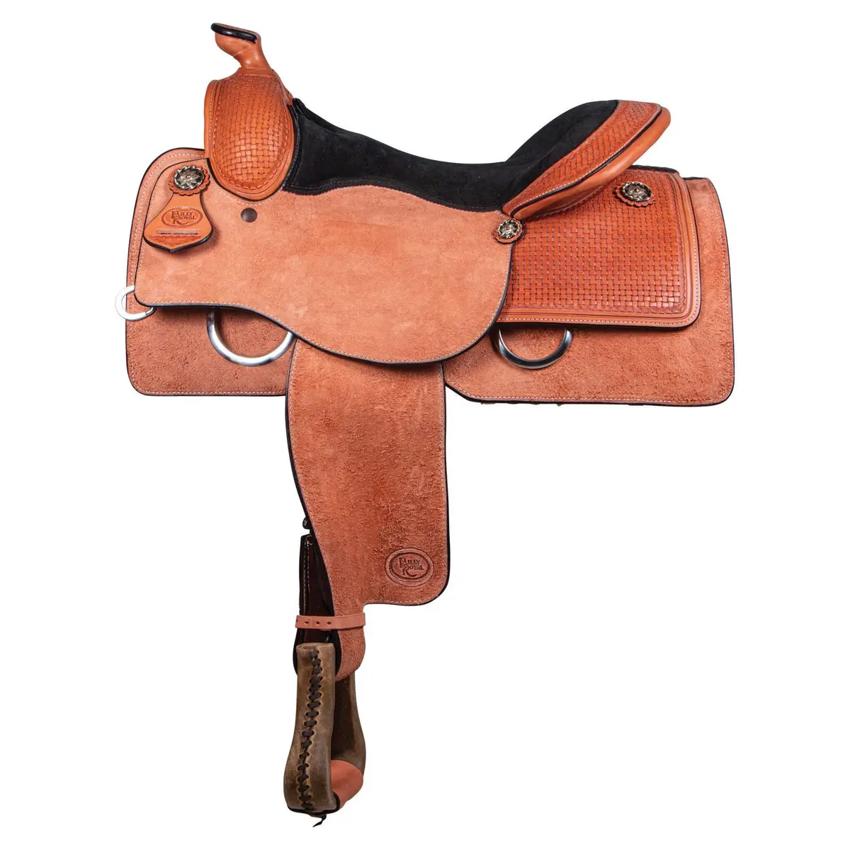 Equestrian Western Tooled Roughout Leather Saddle - Hand-Selected Hide, Hand-Tooled Basketweave, Generously Padded Seat, Adjustable Fenders, Close-Contact Cut for Work/Show, Silver-Plated Trim