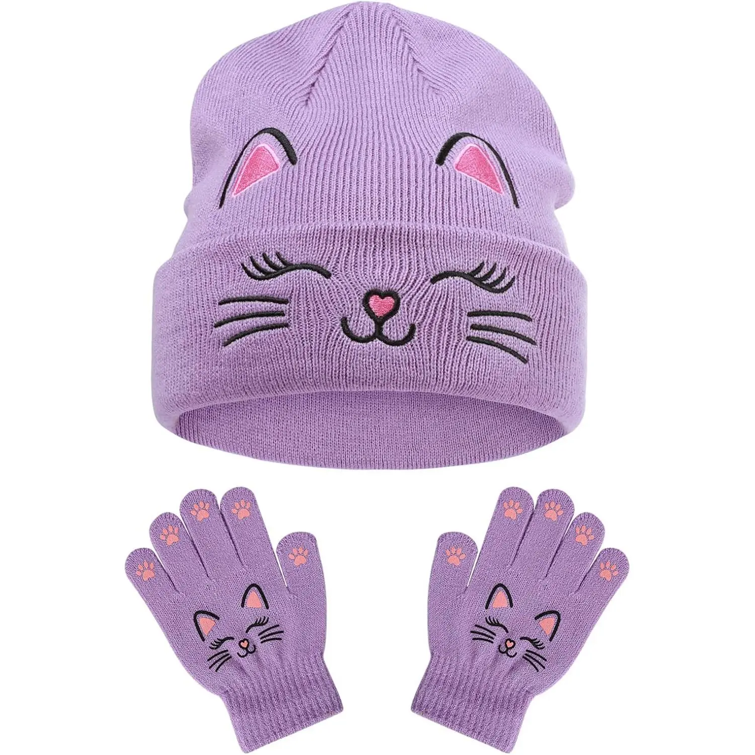 L-BN013 Kids' Cat Embroidered Knitted Beanie Hat and Gloves Set - Elastic Cuffs, Unisex Cuffed Skull Cap for 3-12 Years - Halloween, Christmas, Birthday, Jogging