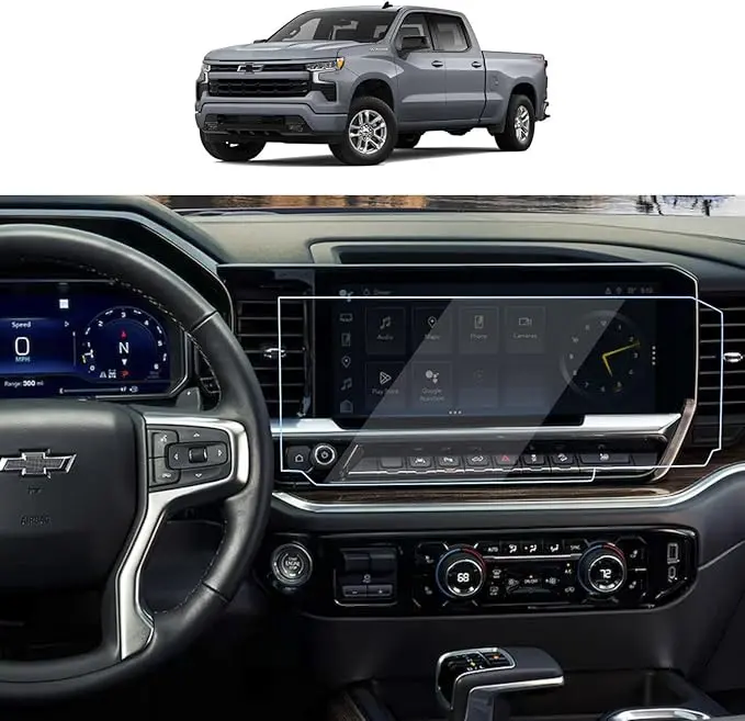 13.4 in 9H Polyethylene Terephthalate Auto-Adhesive Touch-Sensitive Car Navigation Screen Protector for Chevy Silverado 2022-25, Chevy/GMC Sierra 1500-3500HD, Perfect Fit, High Definition, Anti-Scratch Interior Accessory Cover