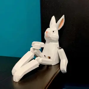 Bunny White Rabbit Flexible Statue Wooden Carved Animal Dangling Legs Bunny Rabbits Cartoon Decor for Home Shelf Car Office Windowsill Desktop Fireplace Balcony Rabbit Lover Ornaments