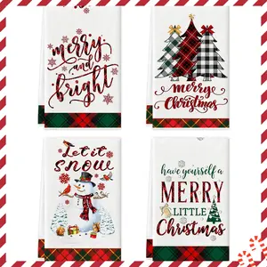 4pcs Christmas kitchen towels and dishwashing towels, vintage checkered Christmas tree Cardinals Snowman design, Merry Christmas handkerchiefs, tea towels, cleaning towels, decorative towels, suitable for kitchen decoration, party decoration