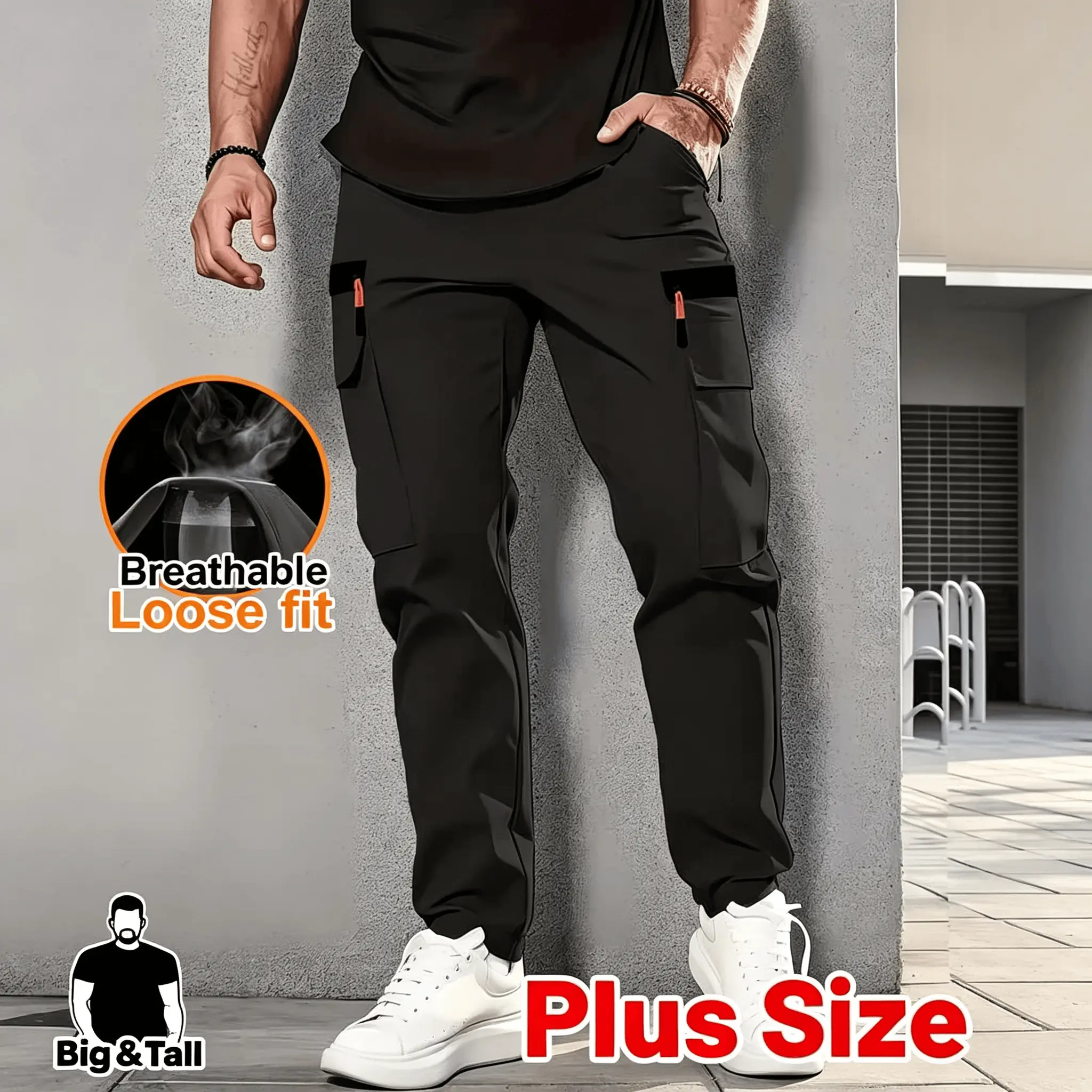 Big & Tall Plus Size Men’s Breathable Loose Cargo Jogger Pants, Lightweight Quick Dry Multi Pocket Casual Trousers, Drawstring Waist Outdoor Hiking Streetwear Pants for Work Walking Daily All Season Wear，Comfy Elastic Waist Drawstring Pants