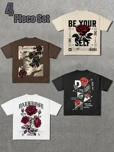 4 Piece Set Rose Theme American Vintage T-Shirts, Loose Short Sleeve Tops, Street Style, Long Clothing, H-Type Silhouette