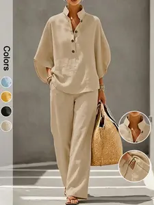 Women's Two-Piece Set High Neck Top and Long Pants, Casual Commuter Half-Button Three-Quarter Sleeve Top, Loose-Fit Long Pants