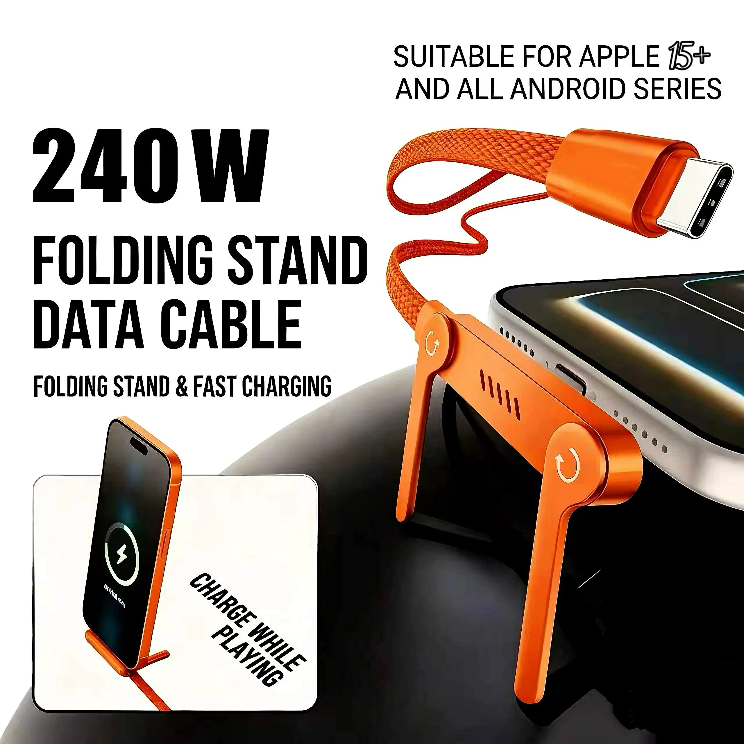 MREGB 240W 2-in-1 Fast Charging Cable with Invisible Phone Stand Foldable Durable Type-C Charger Cord Compatible with iPhone Samsung for Gaming Office Car Travel TechTok Finds Desk Setup PD3.1 MacBook iPad High Speed Portable Tangle Free Tech Must Haves