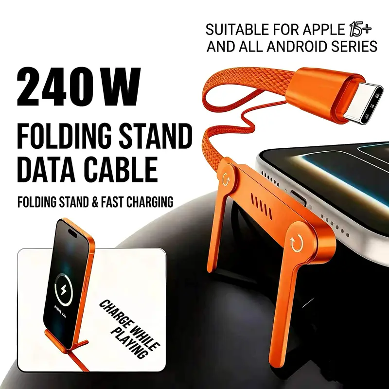 MREGB 240W 2-in-1 Fast Charging USB Cable with Invisible Foldable Compact Portable Cellphone Stand, Type-C PD3.1 Cord for Smartphone, iPhone Samsung MacBook iPad, Gamers Office Use