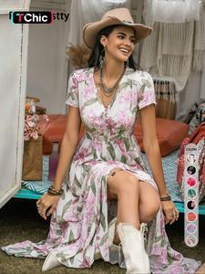 women's floral print button front shirred vintage frenchy style chic dress, casual boho pocket v neck short sleeve a line dress, dresses for women, women's dress for summer beach holiday vacation, bohemian womenswear, boho clothes women, casual wear