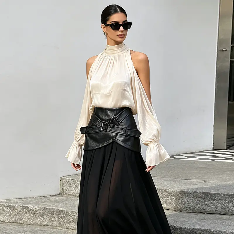 Women's Korean Style Off-Shoulder Blouse, Solid Hollow-Out Long Sleeve Casual Top for an Effortless Chic Look, Plus Size, Lady, Long Sleeves