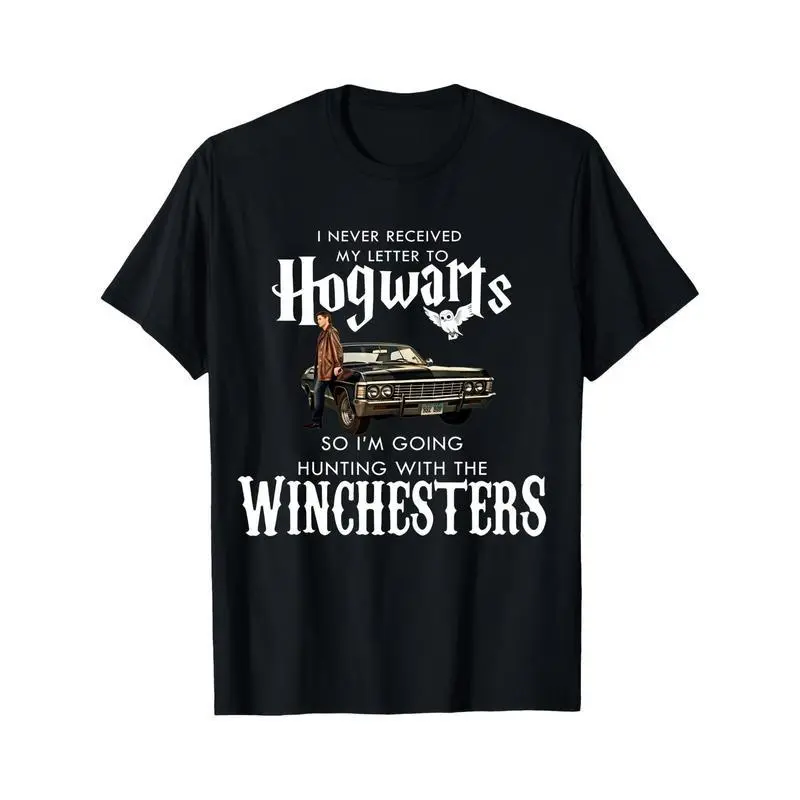 Black T Shirt With Hogwarts And Winchesters Hunting Graphic For Fans Of Harry Potter And Supernatural Tv Series Casual Wear For Men And Women men's t shirts