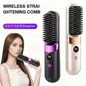2-In-1 Hair Straightener Brush, Curling Iron & Straightening Comb for All Hair Types, Fast Heating, LED Display, Auto Shut-Off, Anti-Scald, USB Rechargeable, Portable Travel Hair Styler, Ideal Gift for Women
