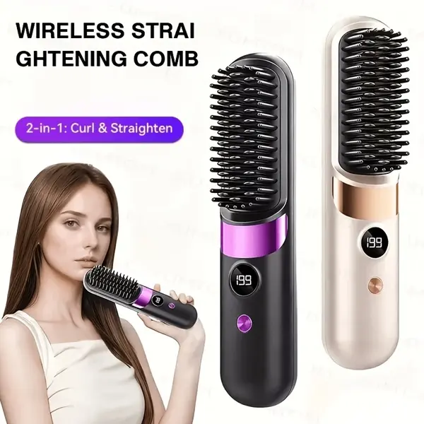 2-In-1 Hair Straightener Brush, Curling Iron & Straightening Comb for All Hair Types, Fast Heating, LED Display, Auto Shut-Off, Anti-Scald, USB Rechargeable, Portable Travel Hair Styler, Ideal Gift for Women