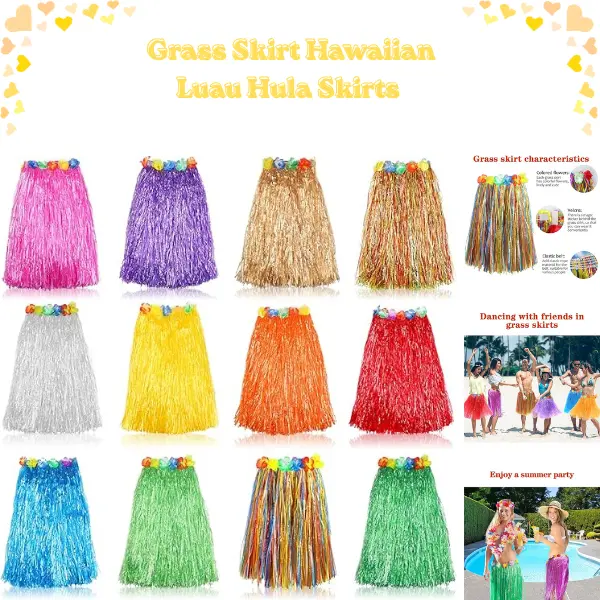 Hawaiian Grass Skirt 12 Pack for Adults | Luau Party Decorations | Tropical Hula Skirts with Hibiscus Flowers | Beach Party, Tiki, Hawaiian Birthday Supplies 60CM Clothes Costumes