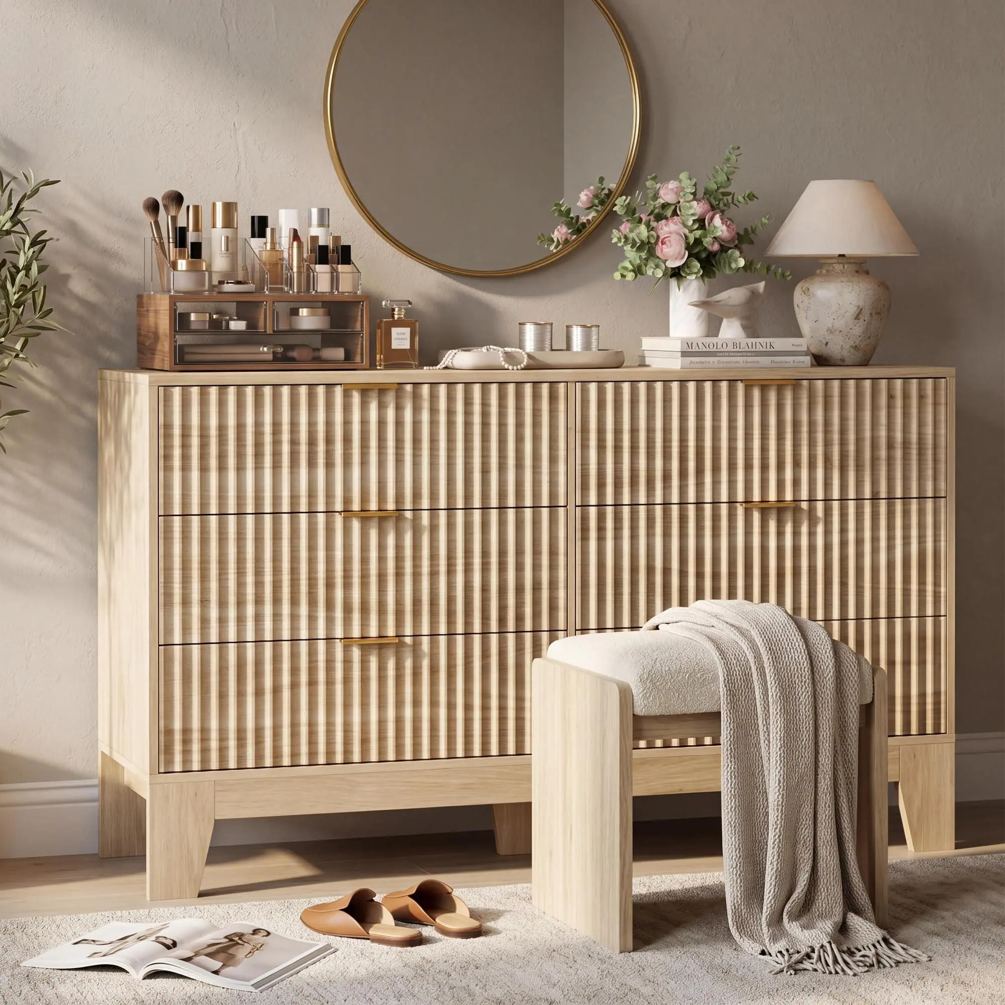 6 Drawer Dresser for Bedroom, Fluted Dresser for Living Room